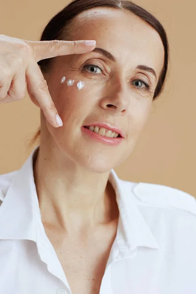 Happy Modern Years Old Woman Eye Cream Face White Shirt — Stock Photo, Image