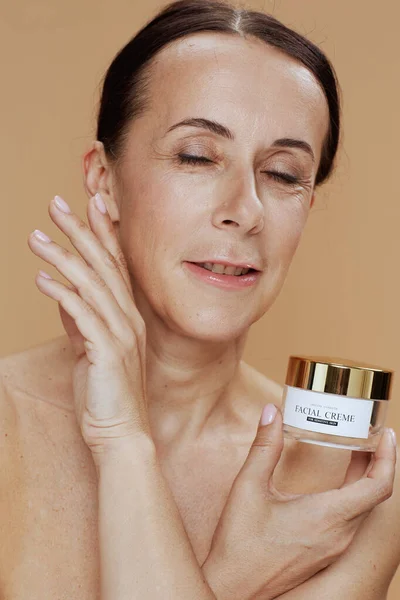 Modern Woman Facial Cream Jar Isolated Beige Background — Foto de Stock