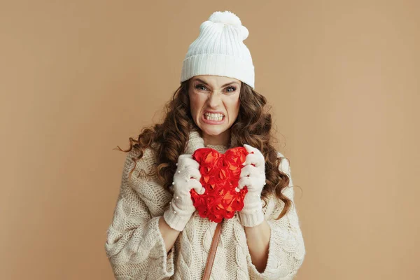 Hello Winter Angry Stylish Woman Beige Sweater Mittens Hat Isolated — Stock Photo, Image