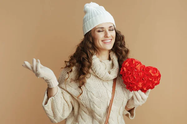 Hello Winter Happy Stylish Woman Beige Sweater Mittens Hat Beige — Stock Photo, Image