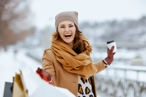 Smiling Stylish Woman Brown Hat Scarf Camel Coat Shopping Bags — Stock Photo, Image