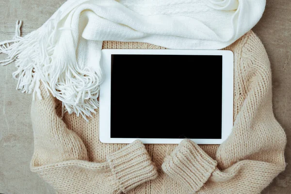 Winter Flat Lay Sweater Scarf Tablet — Stock Photo, Image