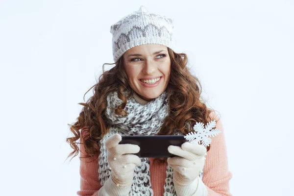 Hello Winter Happy Trendy Years Old Woman Sweater Mittens Hat — Stock Photo, Image