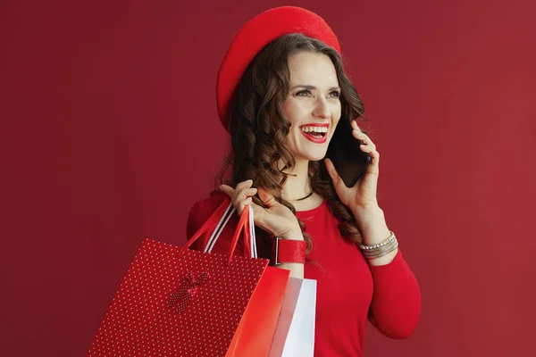 Feliz San Valentín Sonriente Elegante Mujer Años Vestido Rojo Boina — Foto de Stock