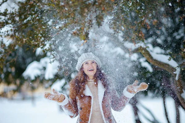 Smiling Elegant Female Brown Hat Scarf Sheepskin Coat Mittens Catching — Stock Photo, Image