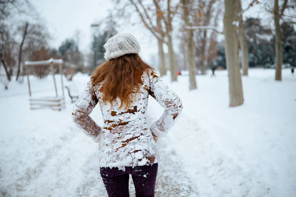 Seen Woman Brown Hat Scarf Snowy Clothes Sheepskin Coat City — Stock Photo, Image