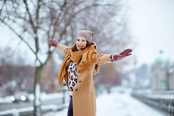 Smiling Elegant Middle Aged Woman Brown Hat Scarf Camel Coat — Stock Photo, Image
