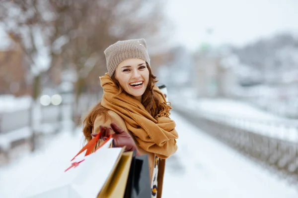 Happy Stylish Middle Aged Woman Brown Hat Scarf Camel Coat — Stock Photo, Image