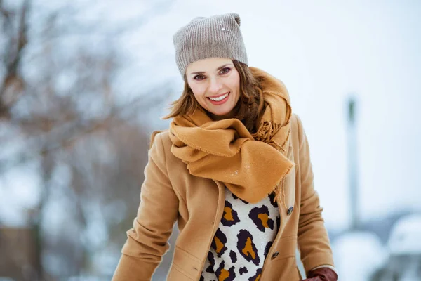 Smiling Stylish Female Brown Hat Scarf Camel Coat City Winter — Stock Photo, Image