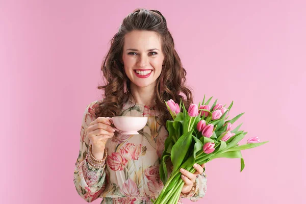 Smiling Stylish Years Old Woman Floral Dress Tulips Bouquet Cup — Stock Photo, Image