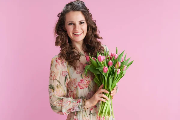 Happy Young Woman Long Wavy Brunette Hair Tulips Bouquet Isolated — Photo
