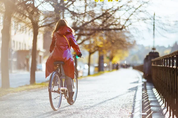 Seen Woman Red Rain Coat Outdoors City Riding Bicycle — Stock Photo, Image