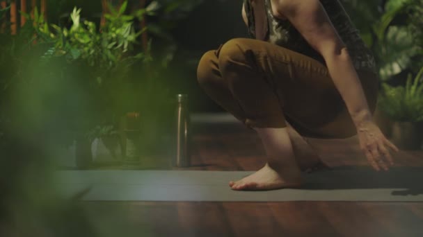 Modern Woman Yoga Mat Doing Yoga Modern Green House — Stock Video
