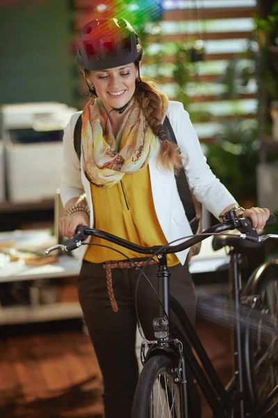 Happy Stylish Years Old Business Woman Bike Helmet Bicycle Modern — Stock Photo, Image
