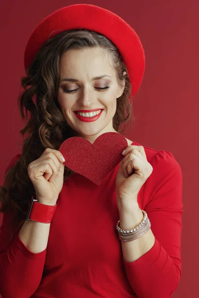 Happy Valentine Happy Modern Years Old Woman Red Dress Beret — Photo