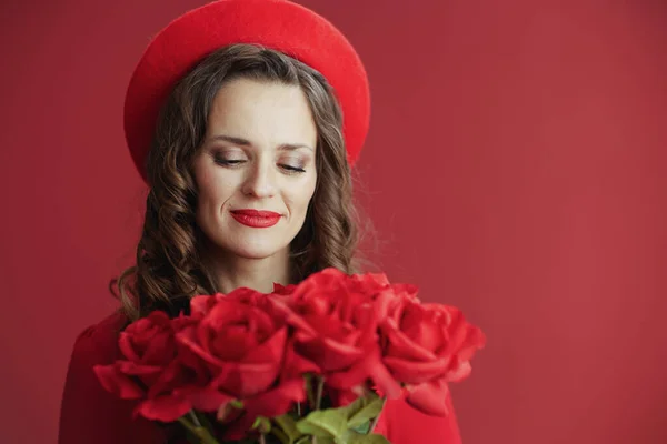 Happy Valentine Pensive Elegant Woman Red Dress Beret Red Background — Stockfoto