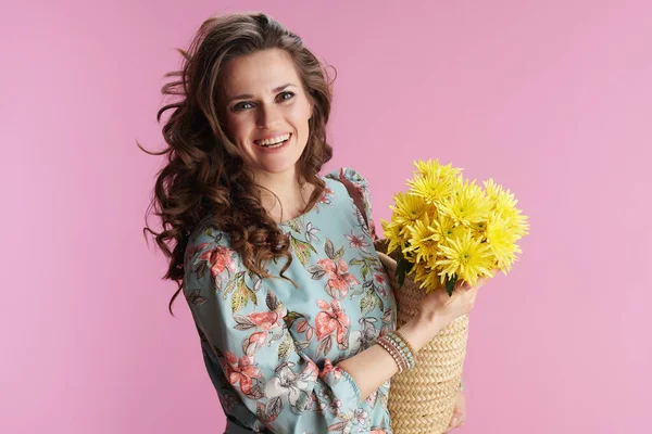Portrait Smiling Modern Middle Aged Woman Floral Dress Yellow Chrysanthemums — Stockfoto