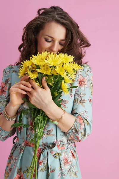 Relaxed Middle Aged Woman Floral Dress Yellow Chrysanthemums Flowers Isolated — Stockfoto