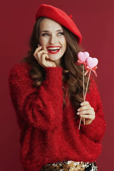 Happy Valentine Smiling Elegant Years Old Woman Red Sweater Beret — Zdjęcie stockowe