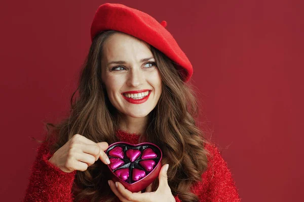 Happy Valentine Smiling Elegant Middle Aged Woman Red Sweater Beret — Stock Photo, Image