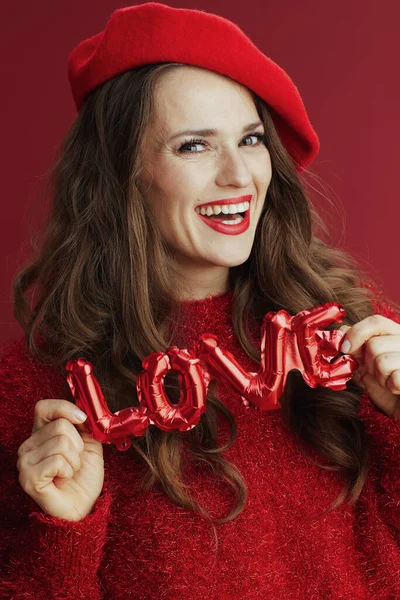Happy Valentine Happy Modern Years Old Woman Red Sweater Beret — Foto de Stock