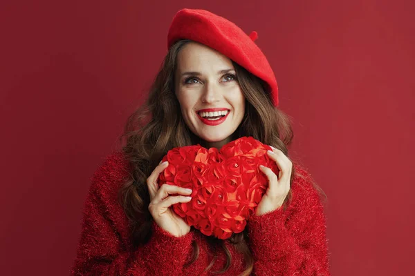 Happy Valentine Happy Modern Woman Red Sweater Beret Red Heart — Stock Photo, Image