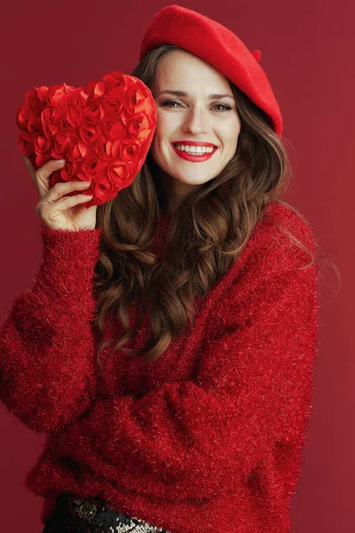 Happy Valentine Happy Stylish Years Old Woman Red Sweater Beret — Stock Photo, Image