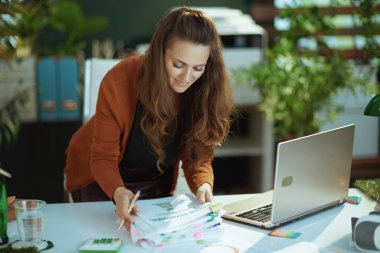happy stylish 40 years old small business owner woman with laptop working with documents in the modern green office.