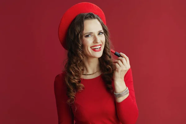 Happy Valentine Happy Modern Middle Aged Woman Red Dress Beret — 图库照片