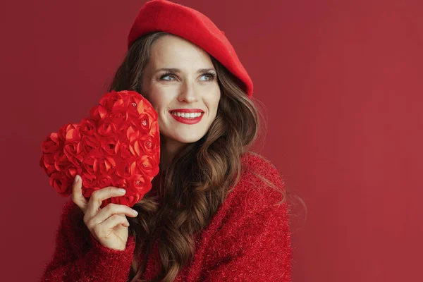 Happy Valentine Smiling Trendy Female Red Sweater Beret Red Heart — Stock Photo, Image