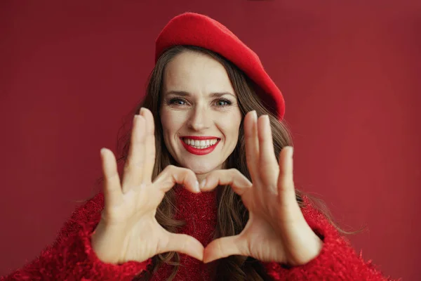 Happy Valentine Happy Elegant Years Old Woman Red Sweater Beret — Stock Photo, Image