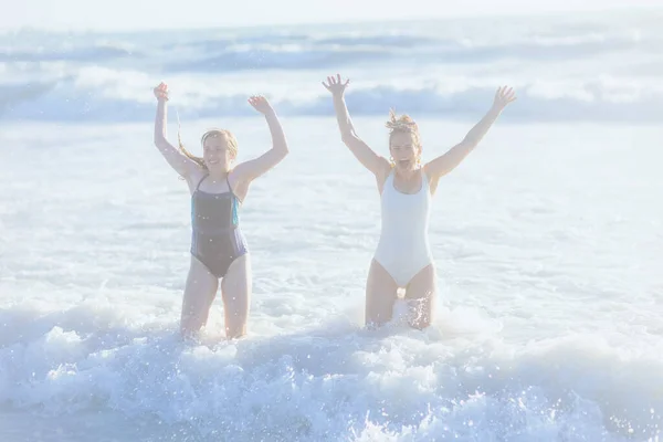 Smiling Modern Mother Child Beach Swimsuit Having Fun Time — Stock fotografie