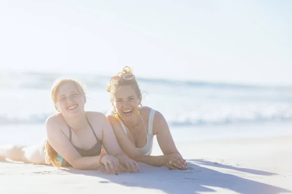Happy Stylish Mother Child Swimwear Laying Beach — Foto Stock