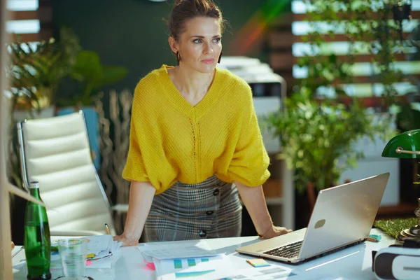 trendy 40 years old small business owner woman in yellow sweater with laptop in the modern green office.