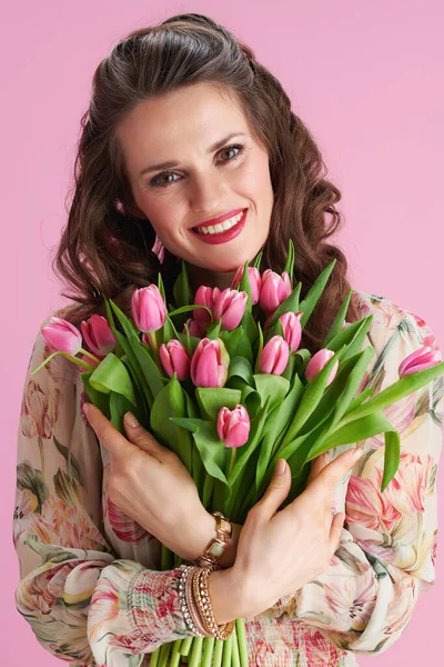 Portrait Happy Trendy Woman Floral Dress Tulips Bouquet Pink Background — 图库照片