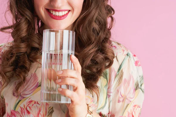 Closeup Happy Middle Aged Woman Floral Dress Glass Water Isolated — Stock Photo, Image