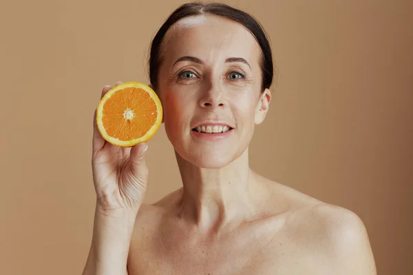 Happy Modern Woman Orange Beige Background — Stock Photo, Image