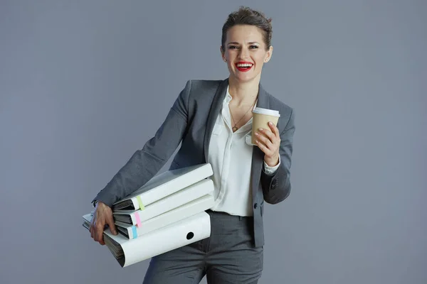 Happy Elegant Woman Worker Gray Suit Coffee Cup Folders Isolated — Stok fotoğraf