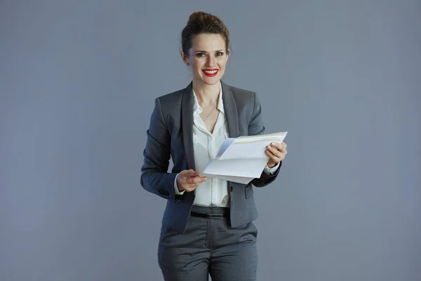 Happy Years Old Small Business Owner Woman Grey Suit Document — Stok fotoğraf