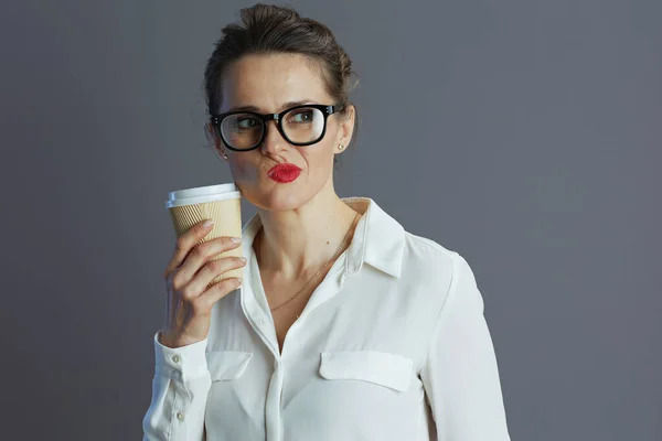 Middle Aged Woman Worker White Blouse Glasses Coffee Cup Isolated — Stock Photo, Image