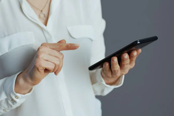 Closeup Woman Worker White Blouse Cloud Download Smartphone Stored Data — Stock Photo, Image