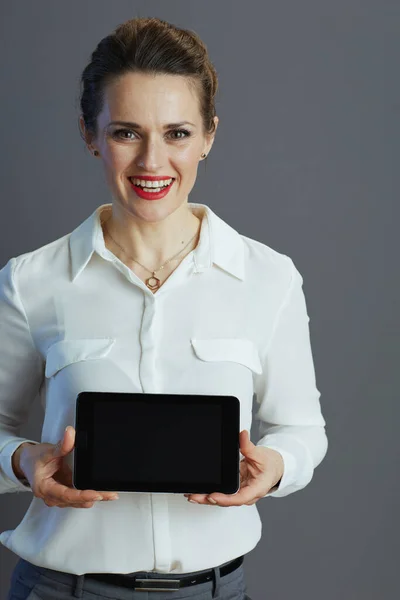 Happy Modern Small Business Owner Woman White Blouse Showing Tablet — Stockfoto