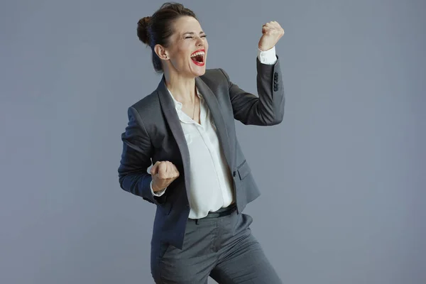 Happy Elegant Middle Aged Woman Employee Gray Suit Rejoicing Gray — Foto de Stock