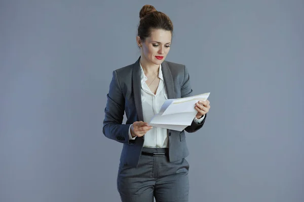 Pensive Modern Years Old Woman Worker Gray Suit Document Grey — Stockfoto