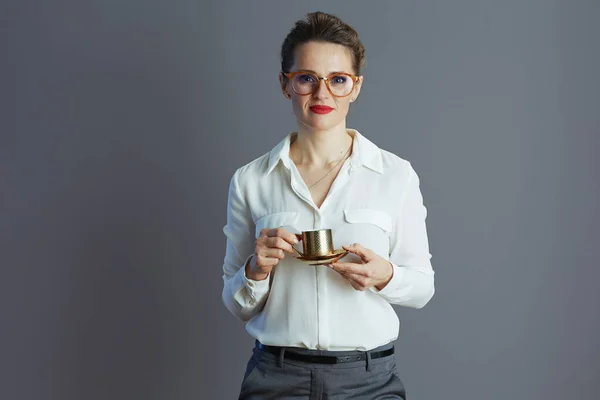 Modern Female Employee White Blouse Glasses Coffee Cup Grey — Stock Photo, Image