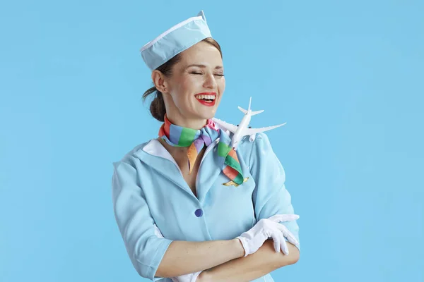Smiling Stylish Female Air Hostess Blue Background Blue Uniform Little —  Fotos de Stock