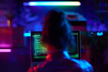 Seen from behind modern woman with laptop working on information security and encryption in modern office.