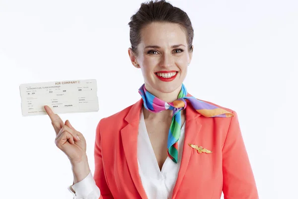 Smiling Stylish Female Flight Attendant White Background Uniform Flight Tickets — Stock Photo, Image