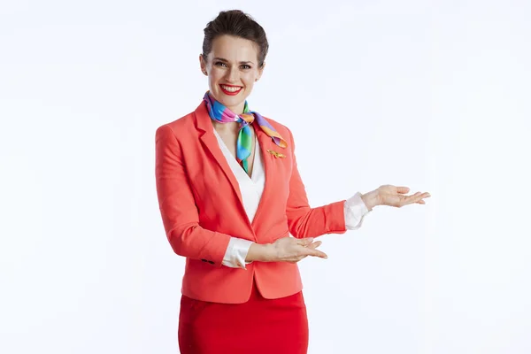 Happy Elegant Air Hostess Woman White Background Uniform Welcoming — Stock Photo, Image