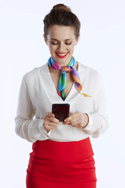 Happy Stylish Stewardess Woman Isolated White Background Uniform Using Smartphone — Stock Photo, Image